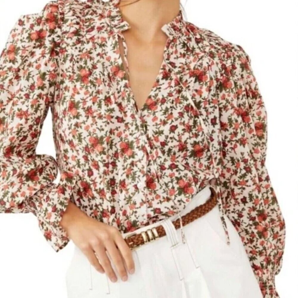 Floral Tie-Neck Puff Sleeve Blouse - Cream & Rust - Picture 2 of 12
